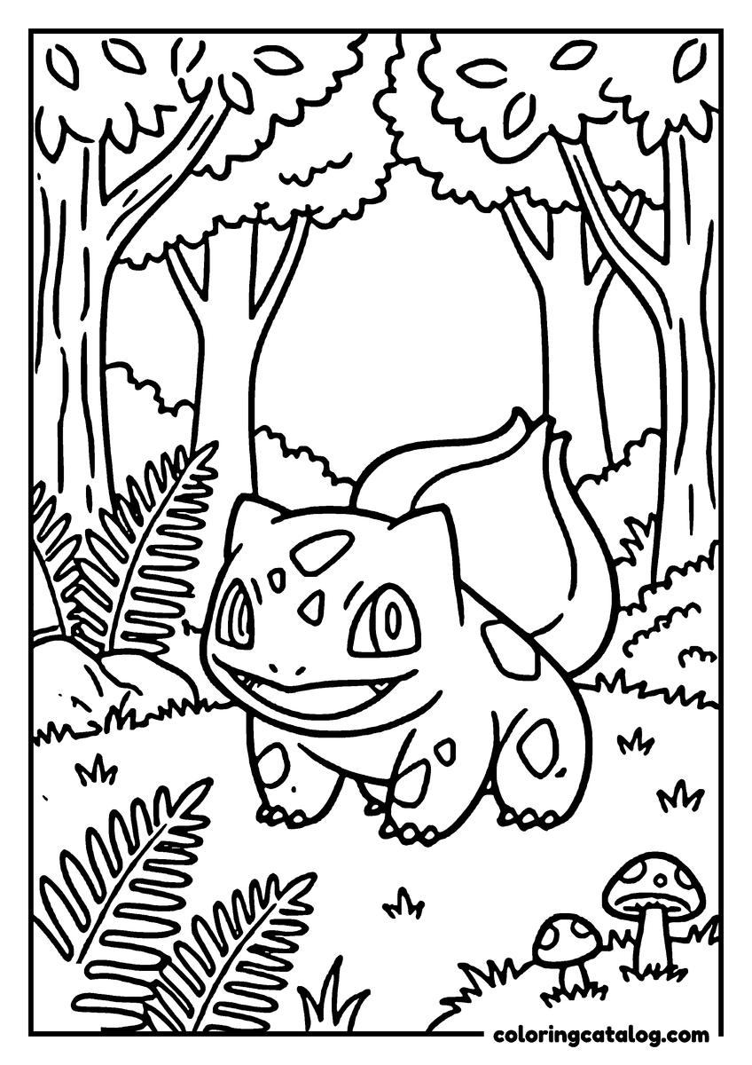 Free Pokemon coloring sheet: Bulbasaur walking through a jungle of tall trees and ferns, past a small mushroom