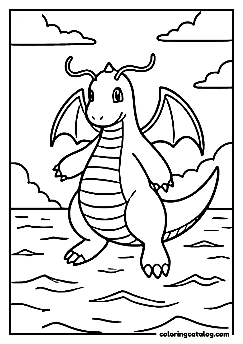 Free Pokemon coloring sheet: Dragonite standing in shallow water, flapping its small wings, clouds in the sky
