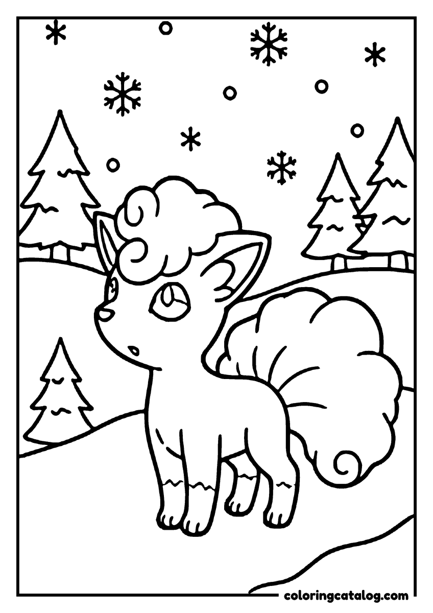 Printable Pokemon coloring page: Vulpix stands in the snow with its curled tails raised, fir trees and falling snowflakes around it