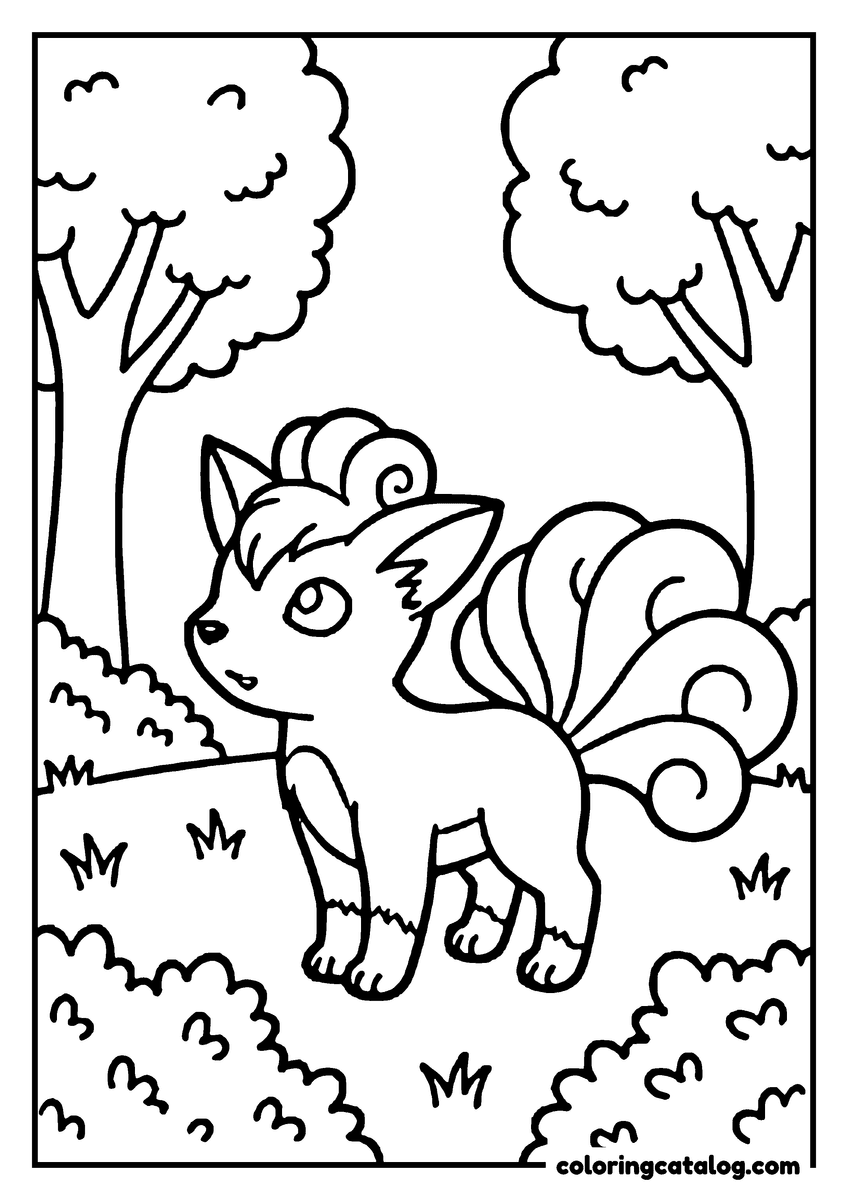 Printable Pokemon coloring page: Vulpix stands in a forest between trees and bushes, tails curled behind it