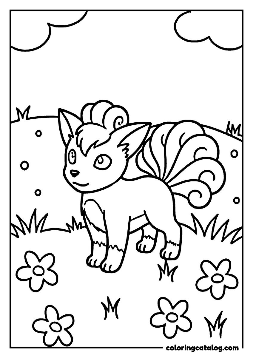 Printable Pokemon coloring page: Vulpix stands in a field of flowers, its six tails fanned out, clouds above