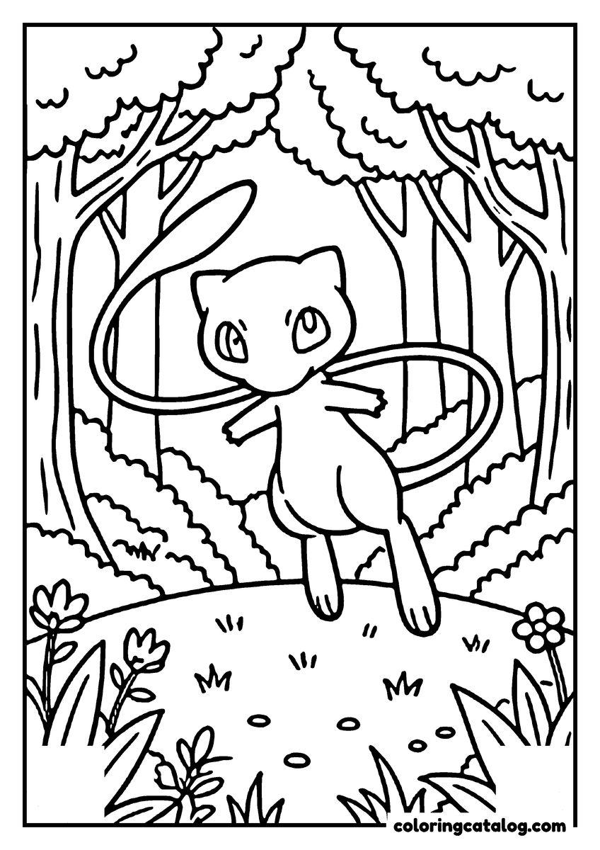 Free Pokemon coloring sheet: Mew swinging on a vine through a lush forest, tail curled behind it