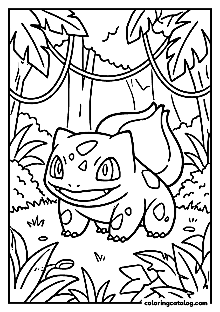 Printable Pokemon coloring page: Bulbasaur smiling in a jungle of tall trees and thick greenery