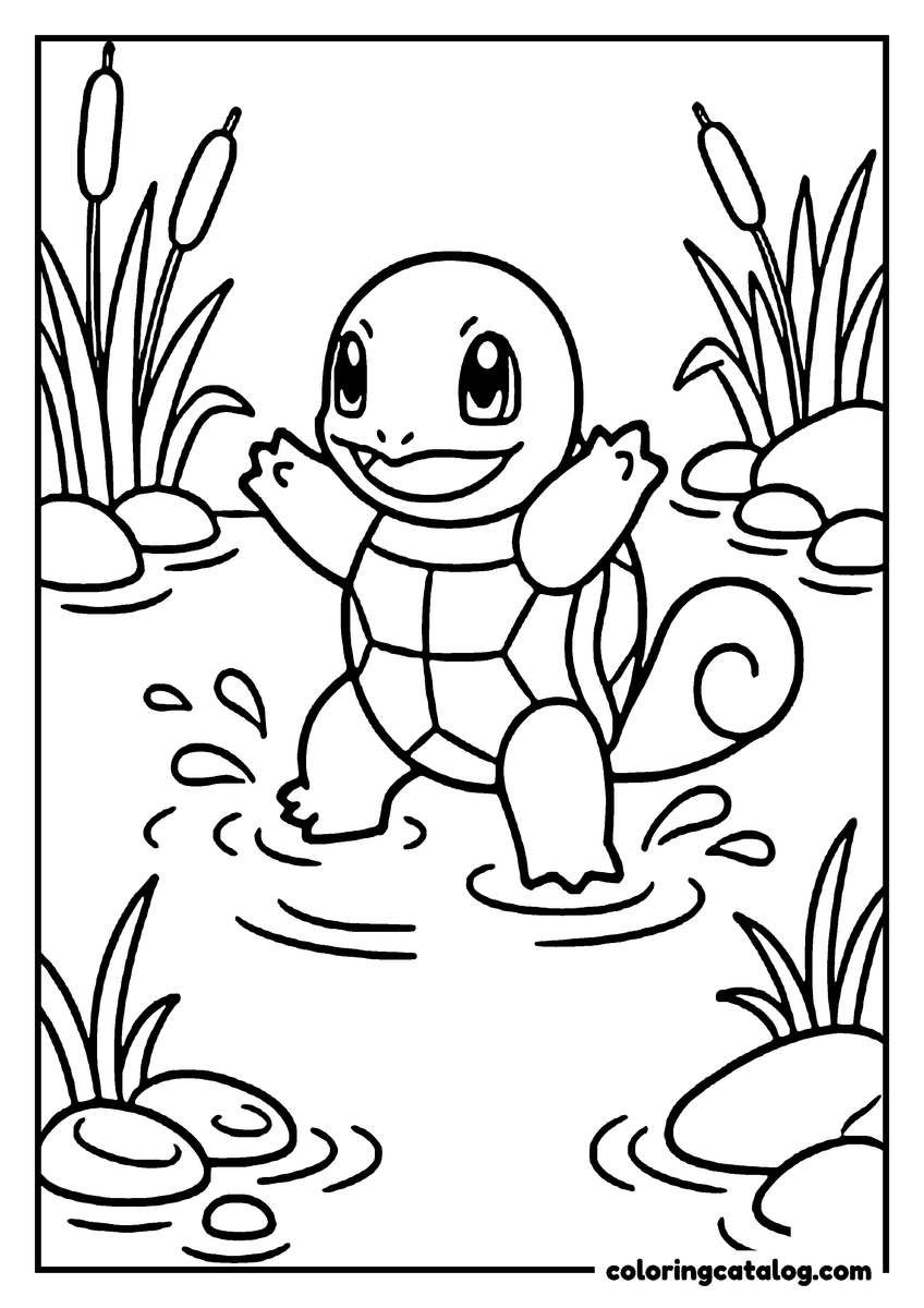 Pokemon coloring page: Squirtle stands in a pond waving both arms, lily pads and reeds around it