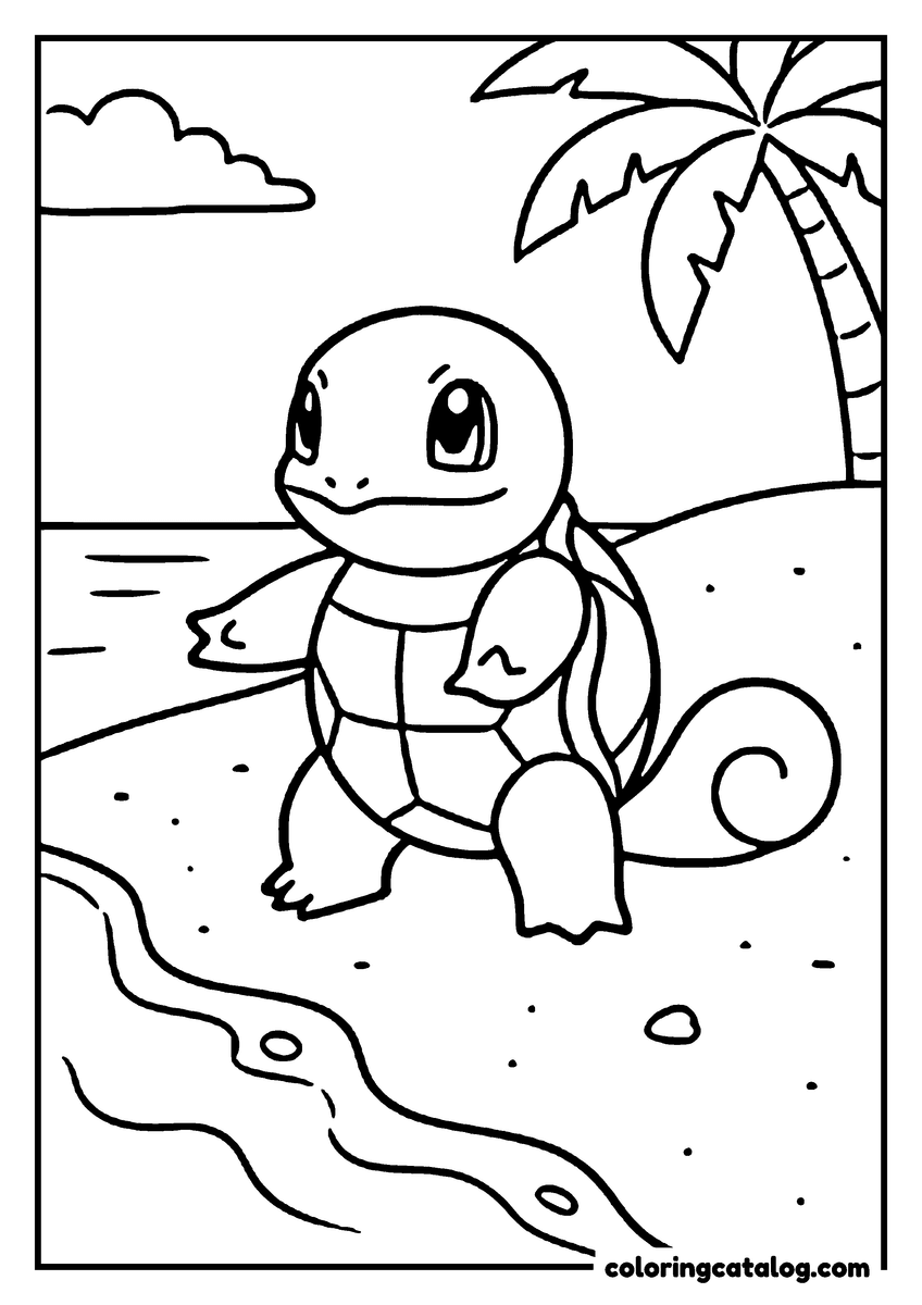 Free Pokemon coloring sheet: Squirtle stands on a beach beside a palm tree, its curled tail behind it, waves in the background