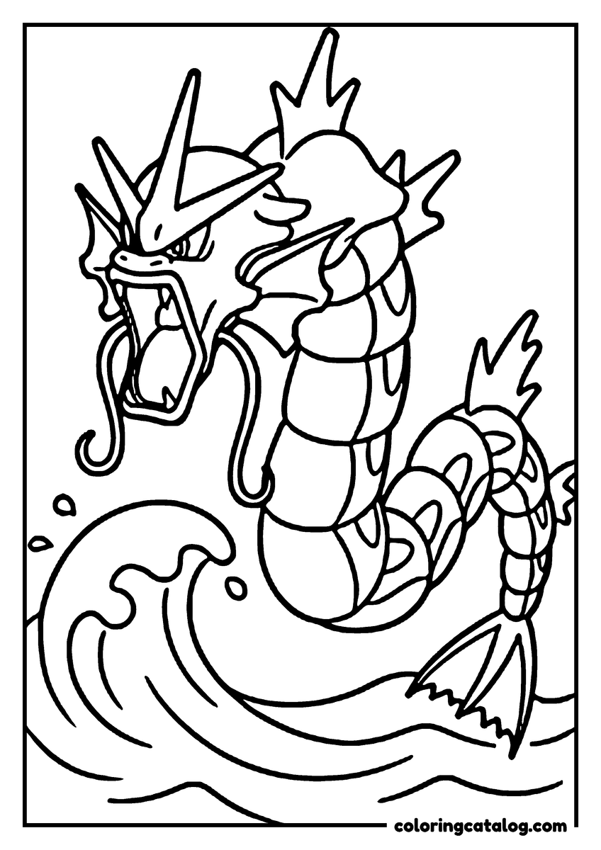 Free Pokemon coloring sheet: Gyarados rising out of the water with its jaw open, waves and bubbles around its serpentine body