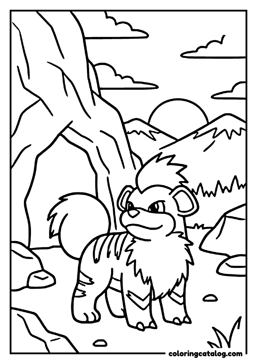 Free Pokemon coloring sheet: Growlithe stands in a forest of trees and rocks, mountains rising behind