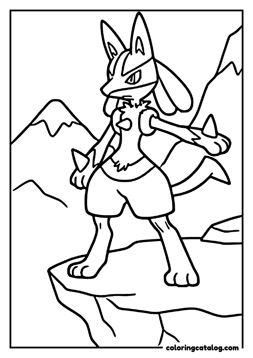 Free Pokemon coloring sheet: Lucario stands on a cliff holding a bone, mountains and clouds behind it