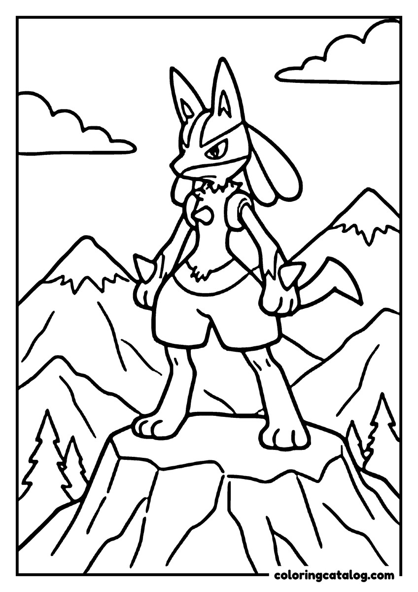 Pokemon coloring page: Lucario stands on rocky ground wearing shorts and a cape, mountains behind