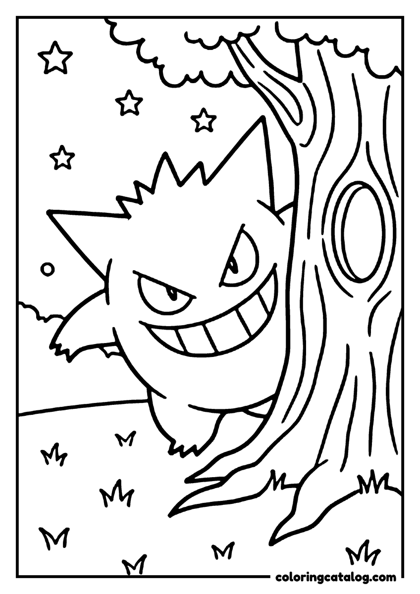 Free Pokemon coloring sheet: Gengar, a ghostly Pokémon, is peeking out from behind a tree, with stars in the sky above