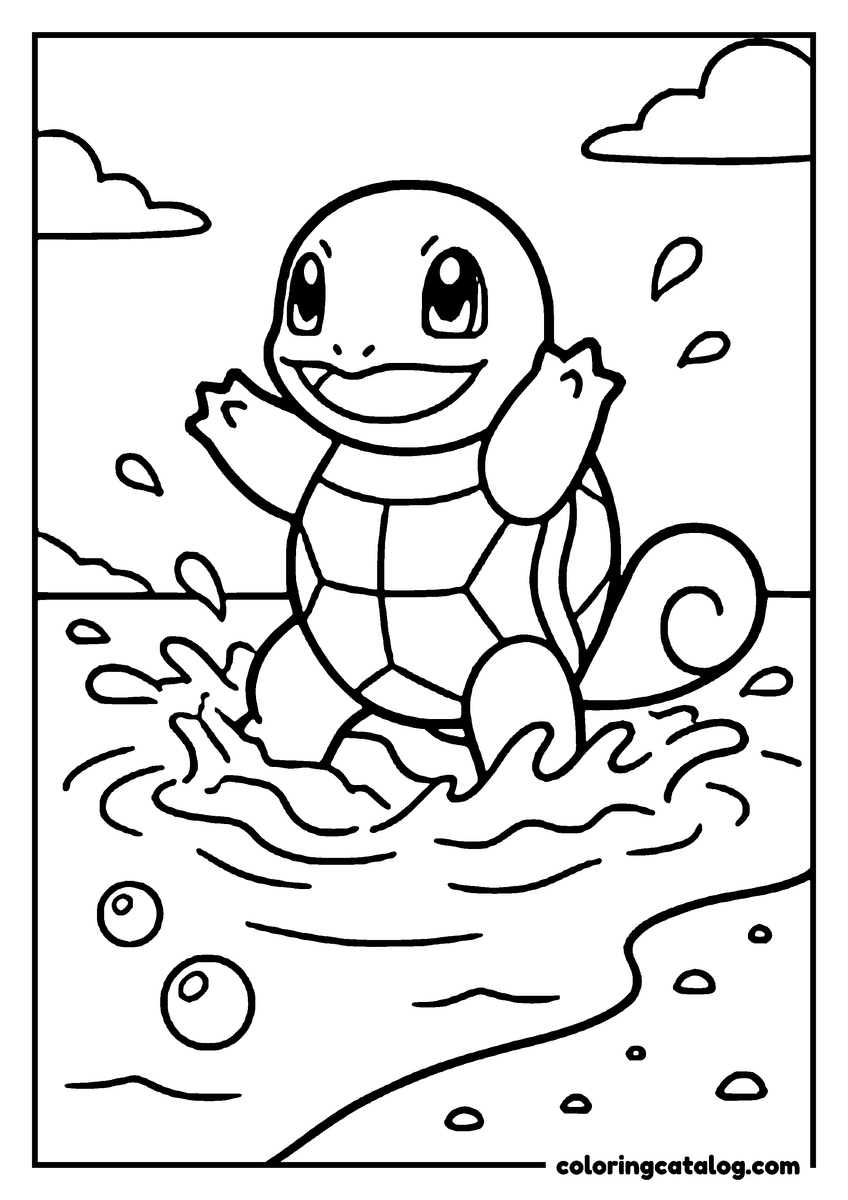Printable Pokemon coloring page: Squirtle waving from the water, bubbles and ripples spreading around it