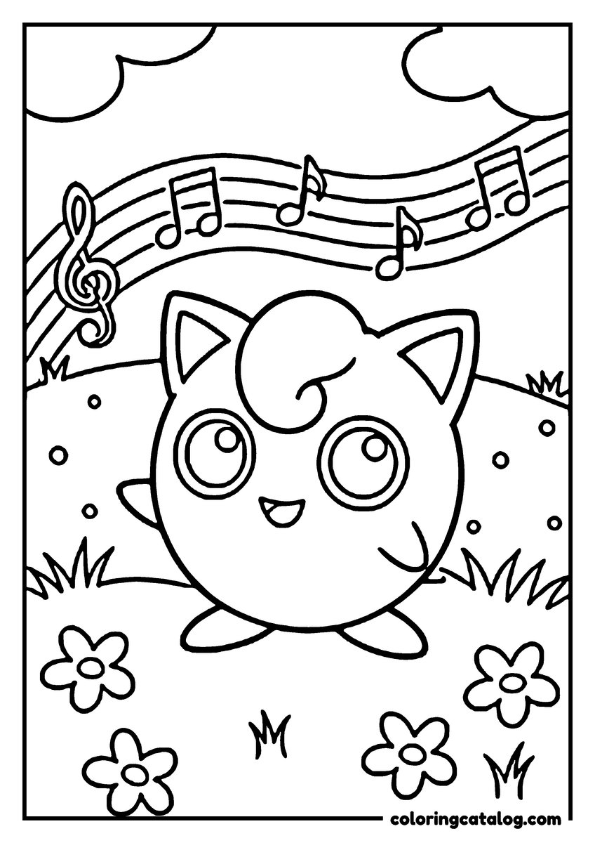 Printable Pokemon coloring page: Jigglypuff is dancing in a field with flowers and musical notes above