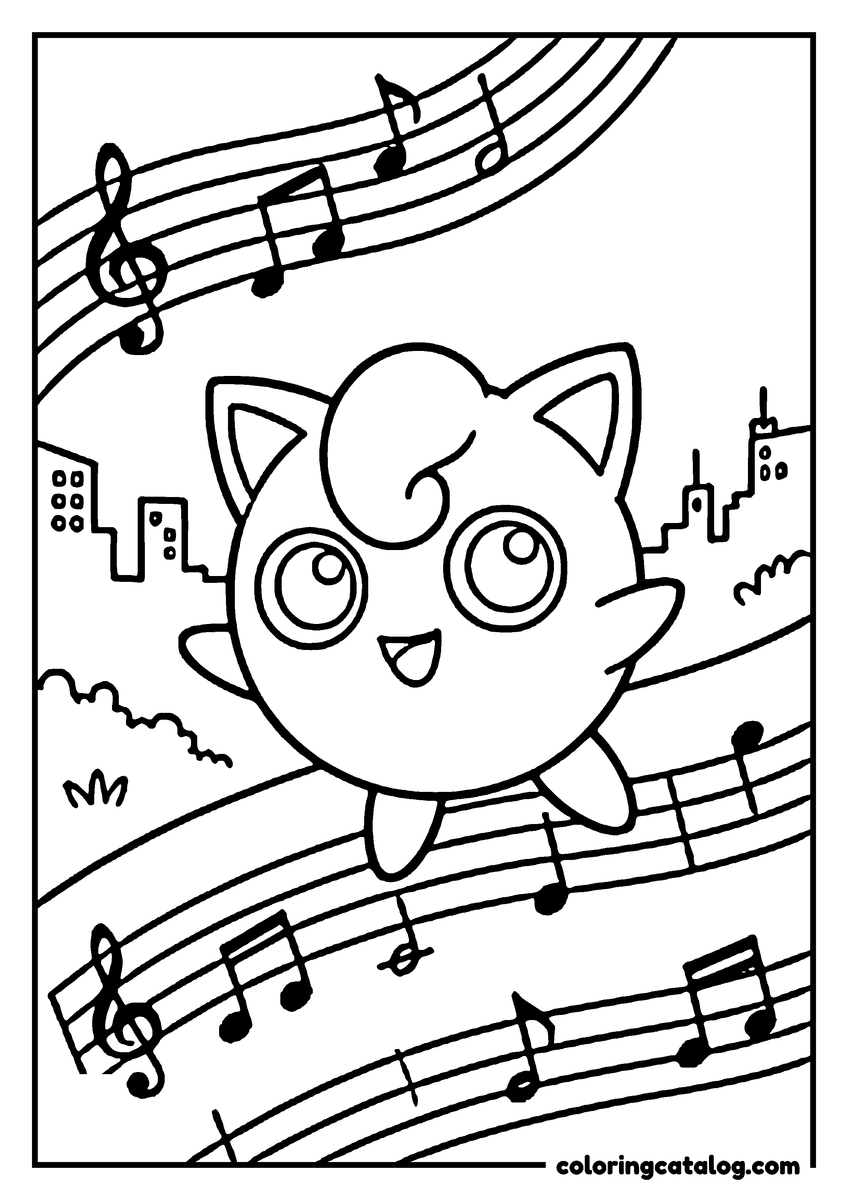 Free Pokemon coloring sheet: Jigglypuff is flying over a cityscape with musical notes above and below her
