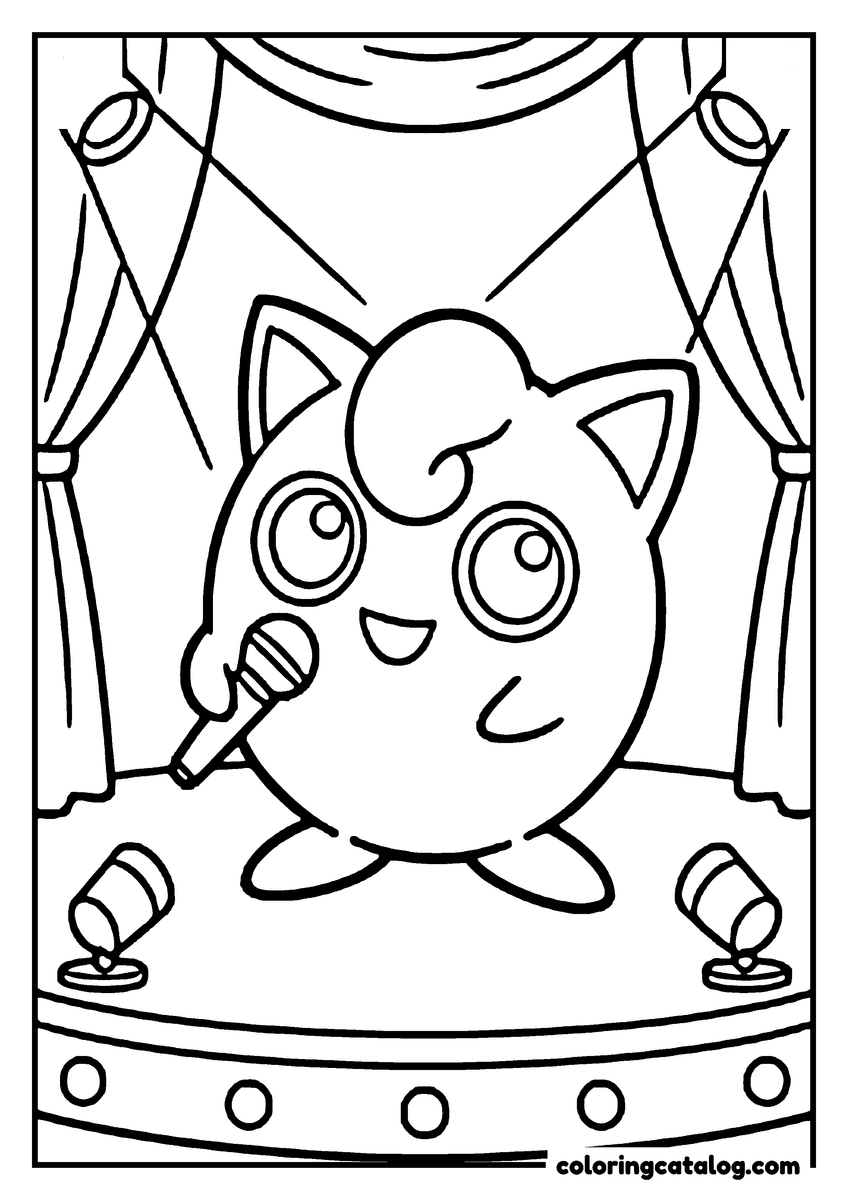 Pokemon coloring page: Jigglypuff is singing on a stage with spotlights and curtains