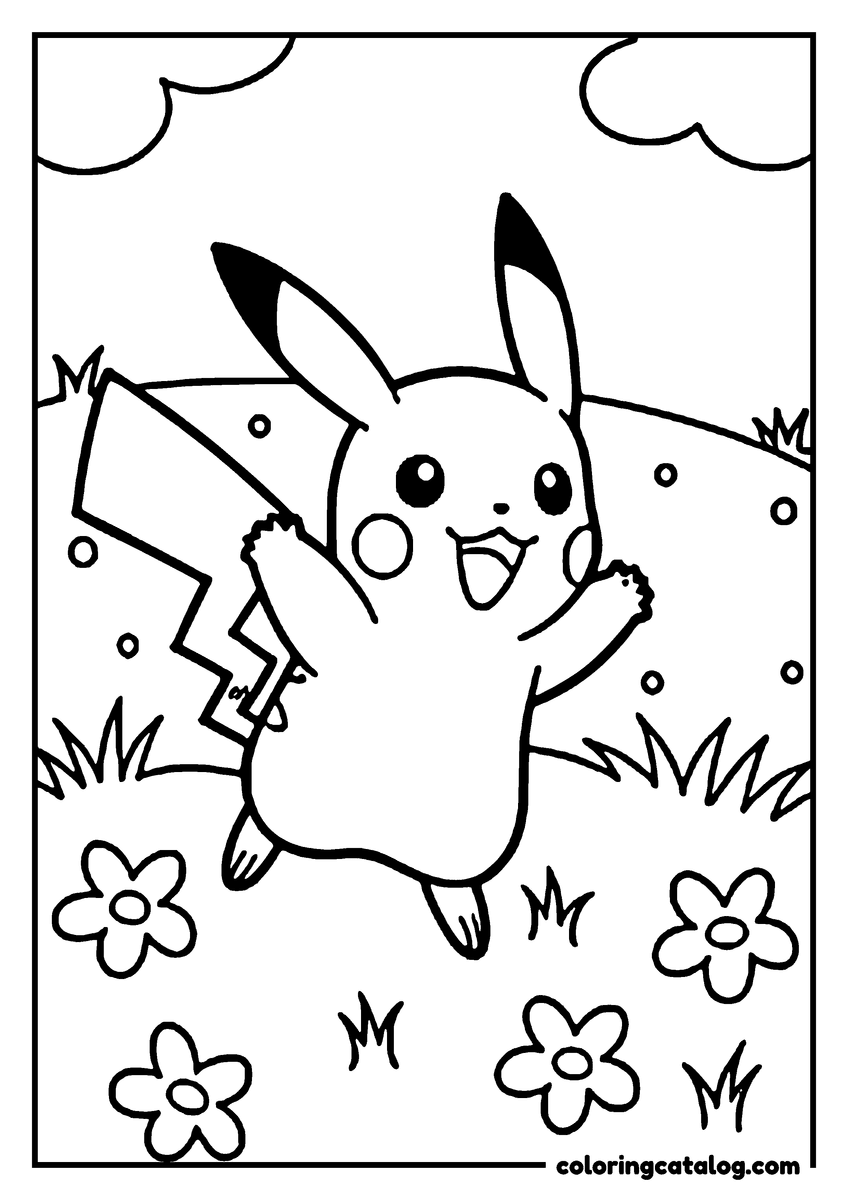 Printable Pokemon coloring page: Pikachu is jumping in the air, surrounded by flowers and clouds