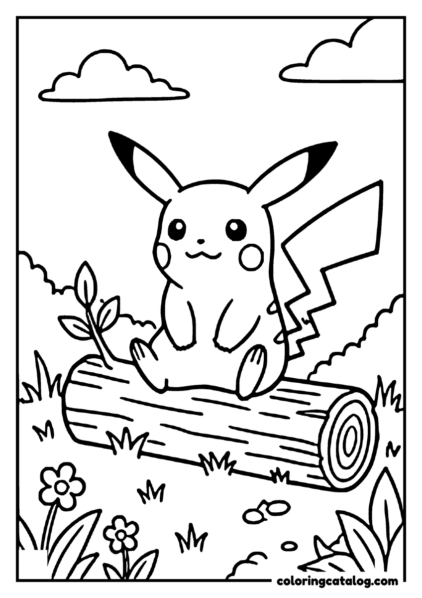 Free Pokemon coloring sheet: Pikachu sits on a log in a forest, holding a leaf, with flowers and clouds in the background