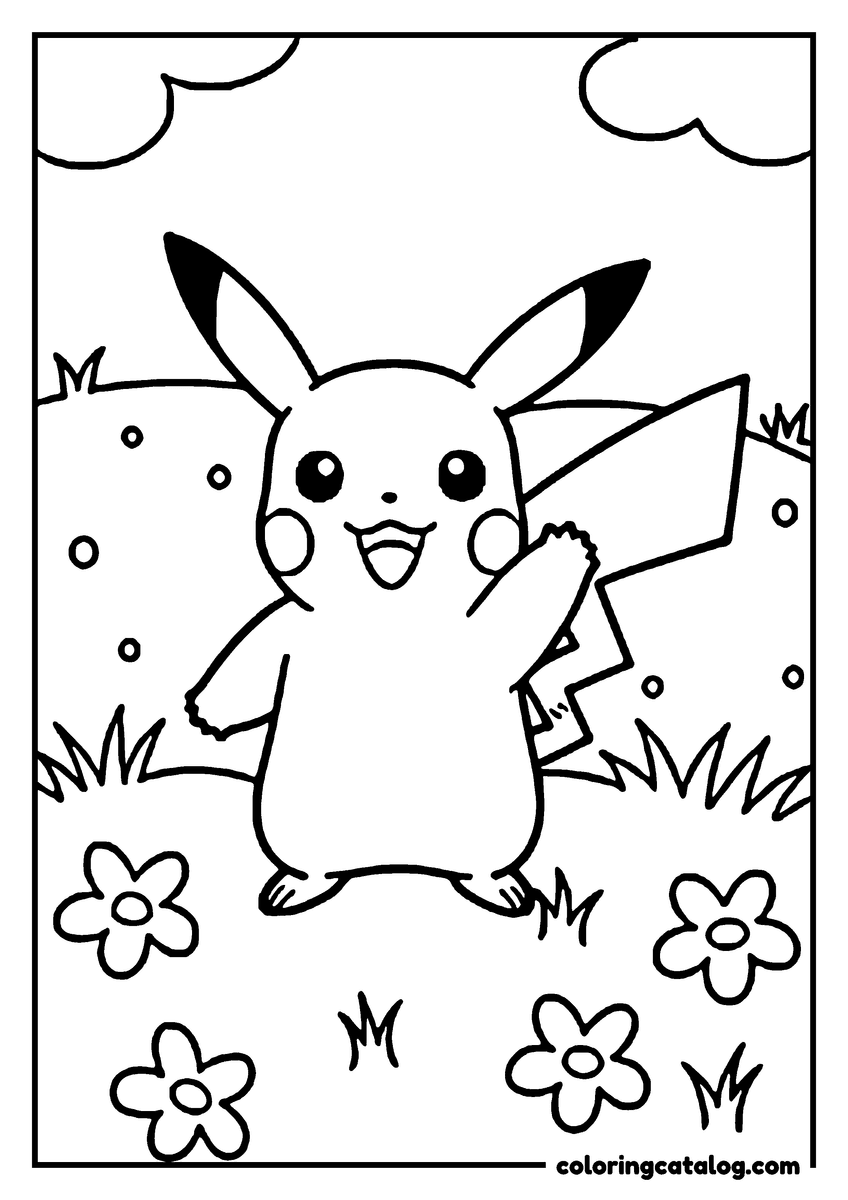 Free Pokemon coloring sheet: Pikachu stands in a grassy field, holding a leaf, with flowers and clouds in the background