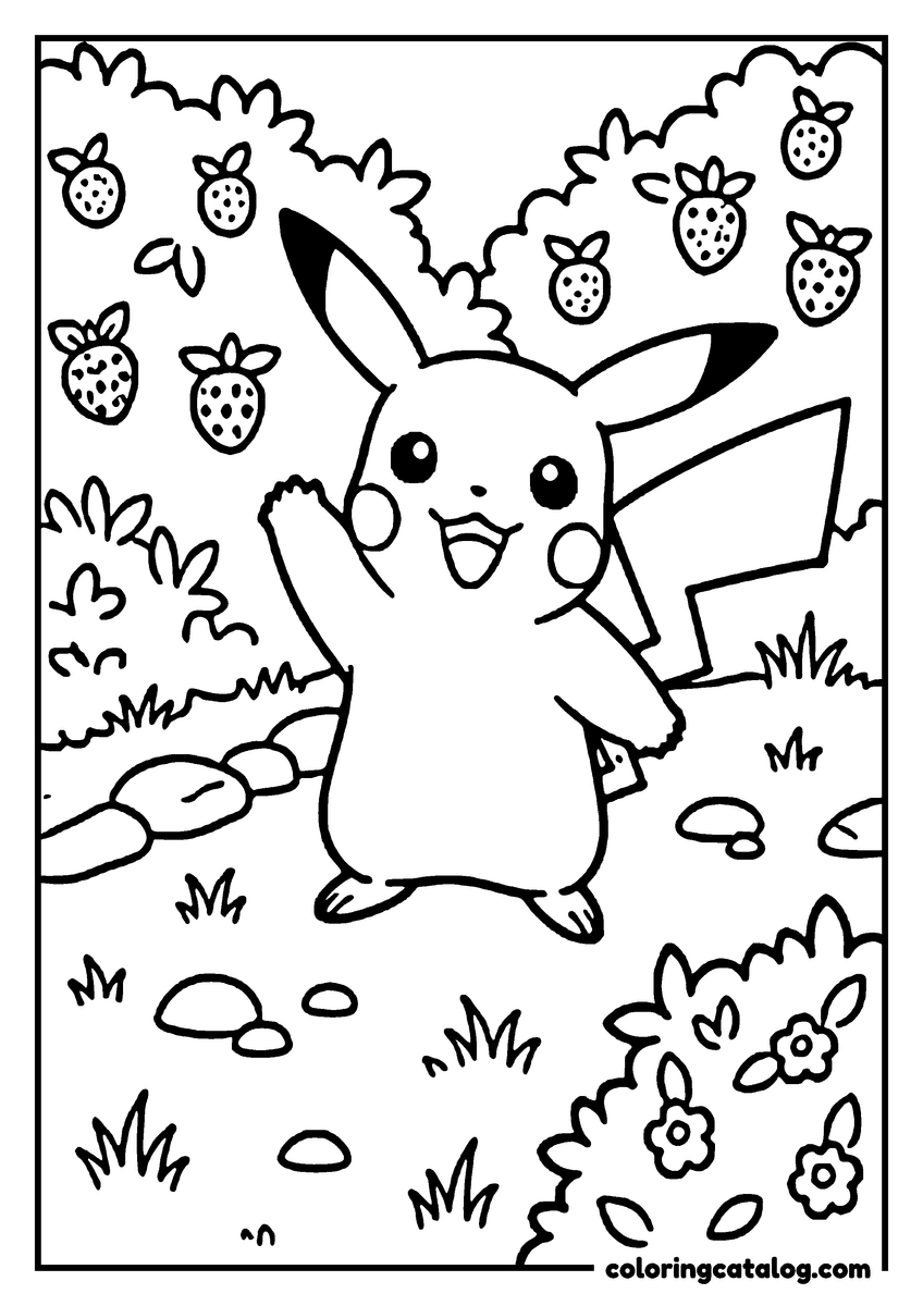 Pokemon coloring page: Pikachu stands in a grassy field with flowers and strawberries, waving happily