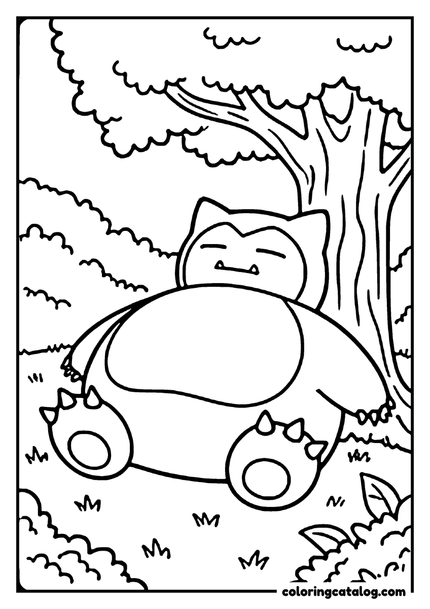 Free Pokemon coloring sheet: Snorlax is sleeping under a tree in a forest with grass and bushes