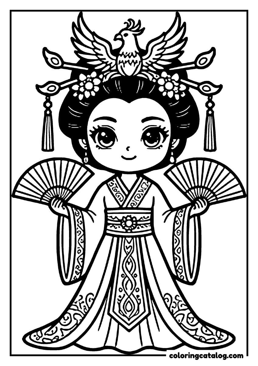 Princess coloring page: A girl in traditional Chinese dress holding two fans, wearing a phoenix headdress with hanging beads