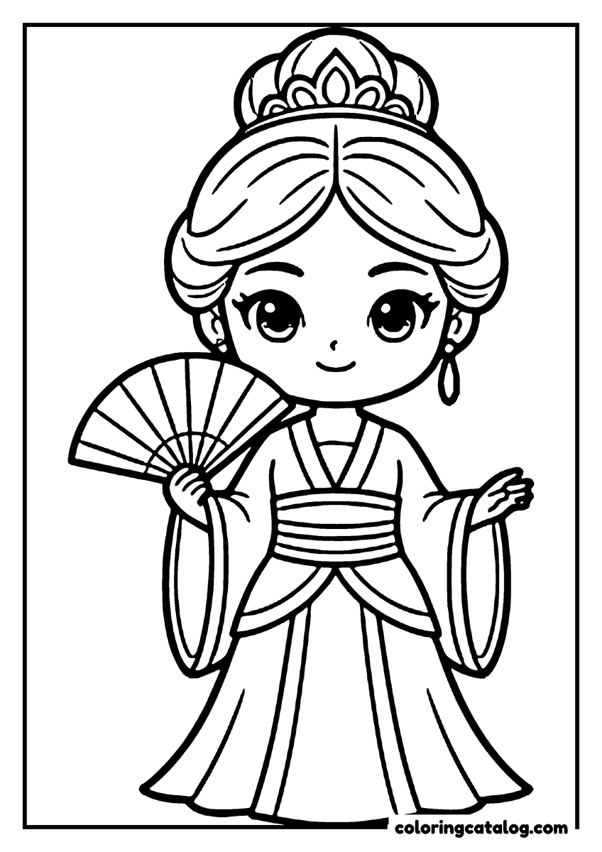 Princess coloring page: A cute cartoon girl in traditional Chinese attire holds a fan, smiling