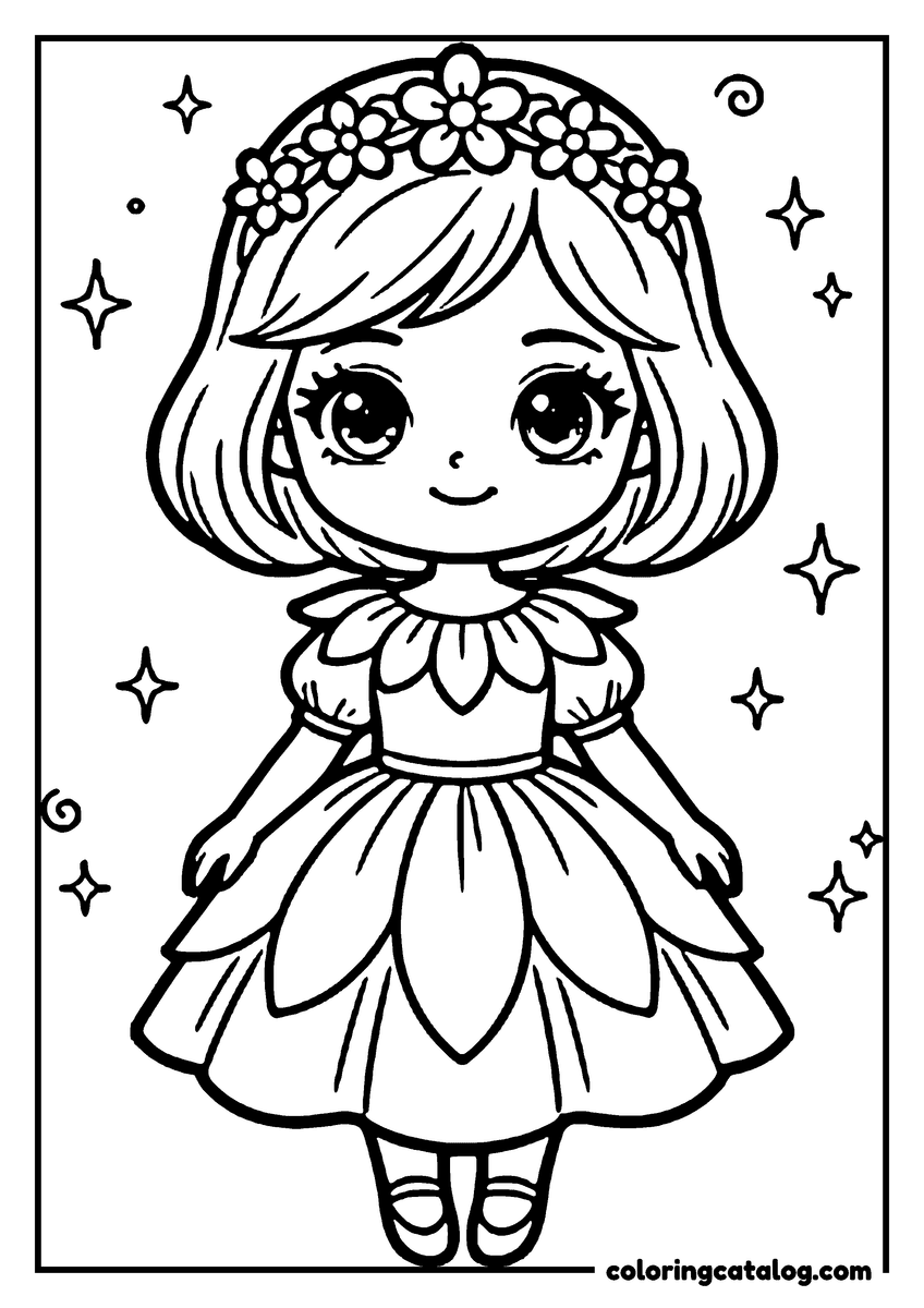 Printable Princess coloring page: A cute girl with a flower crown and a dress, surrounded by stars and swirls