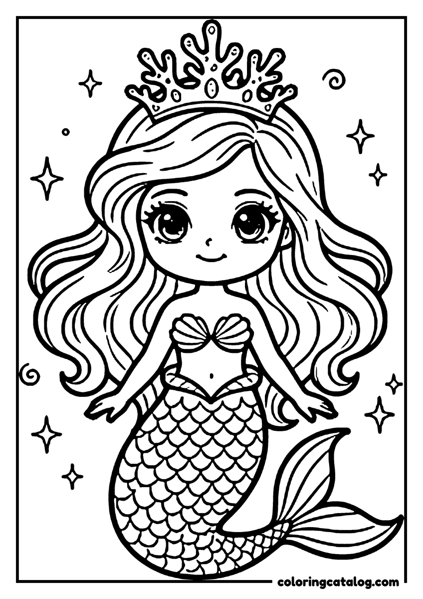 Free Princess coloring sheet: A cute mermaid with a crown, long hair, and a tail is smiling, surrounded by stars