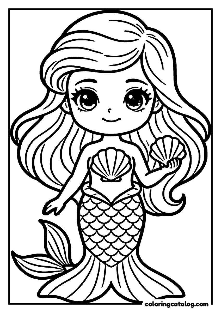 Free Princess coloring sheet: A mermaid with long flowing hair holding a scallop shell, her scaled tail curled beneath her