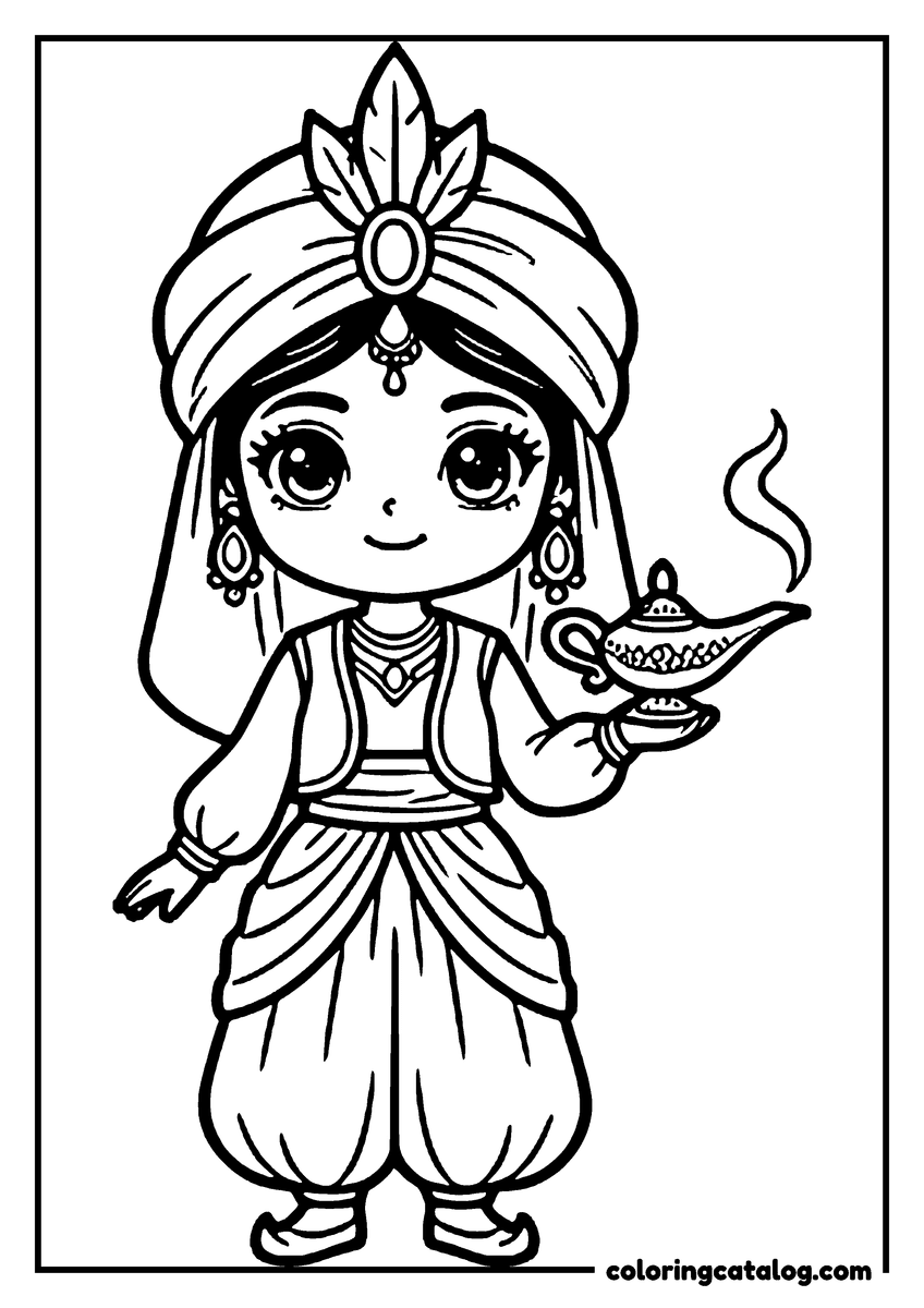 Free Princess coloring sheet: A genie character holds a lit lamp, wearing a turban and traditional attire