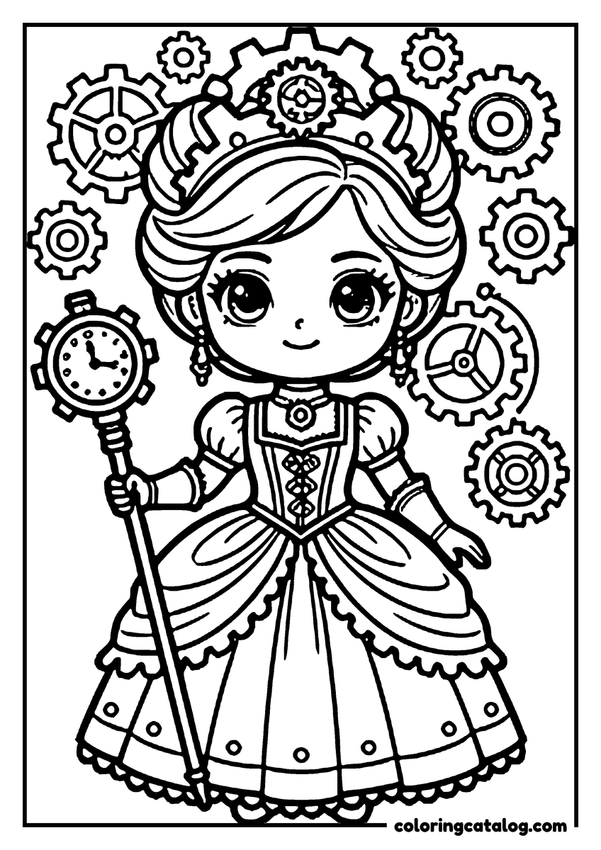 Printable Princess coloring page: A girl in a Victorian dress holds a clock, surrounded by gears and cogs