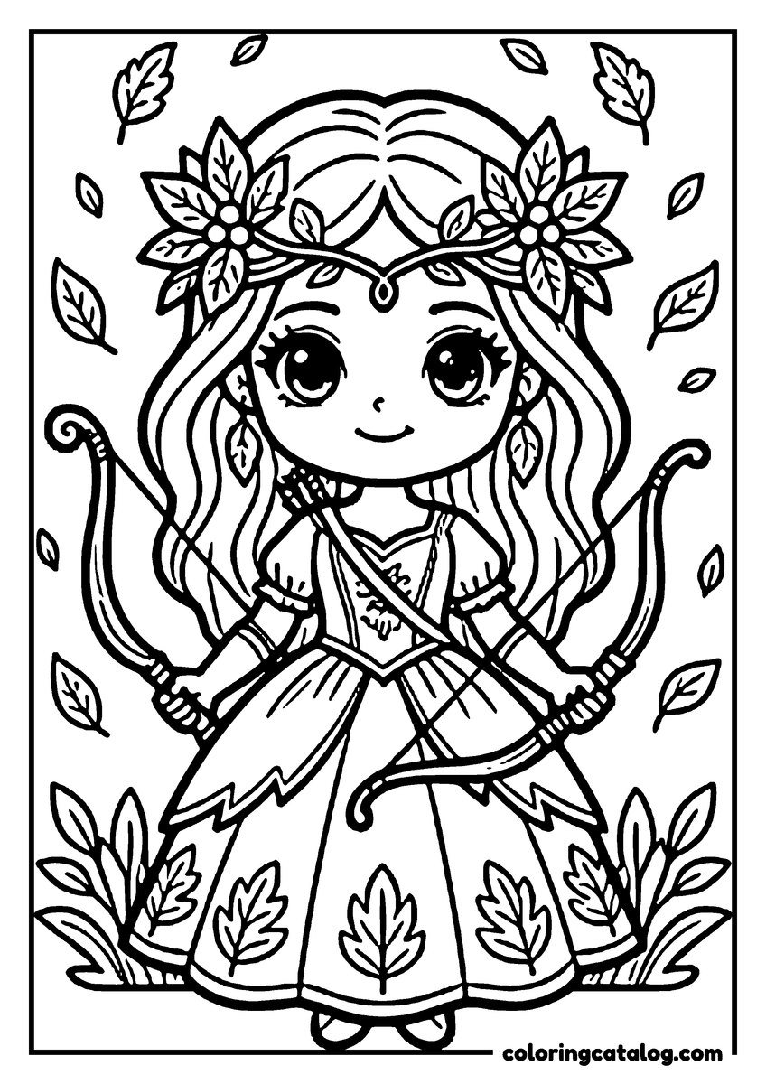 Princess coloring page: A girl in a flower crown holding an archery bow, standing among leaves and branches