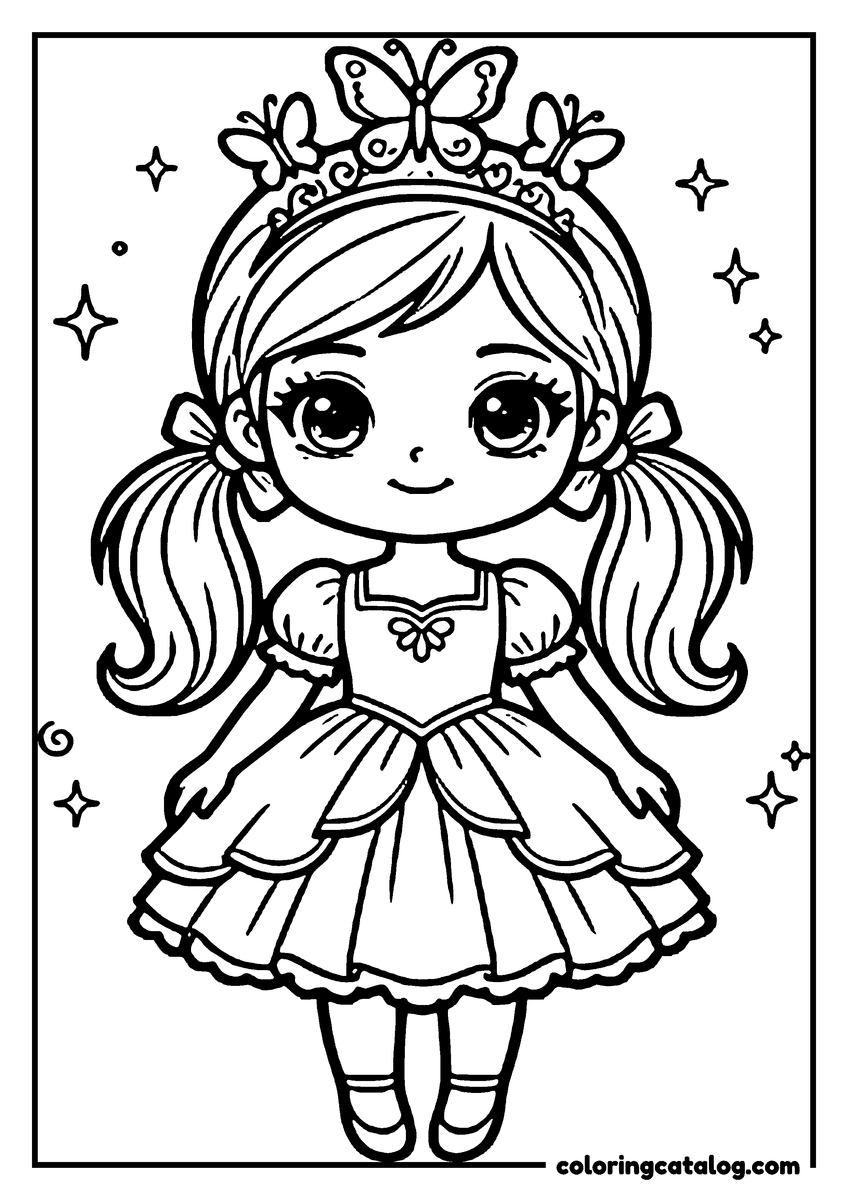 Free Princess coloring sheet: A girl with pigtails, butterfly crown, and sparkles is smiling happily