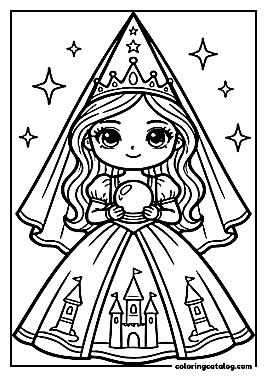 Free printable coloring sheet: Princess holding a crystal ball, wearing a crown and a castle dress, surrounded by stars