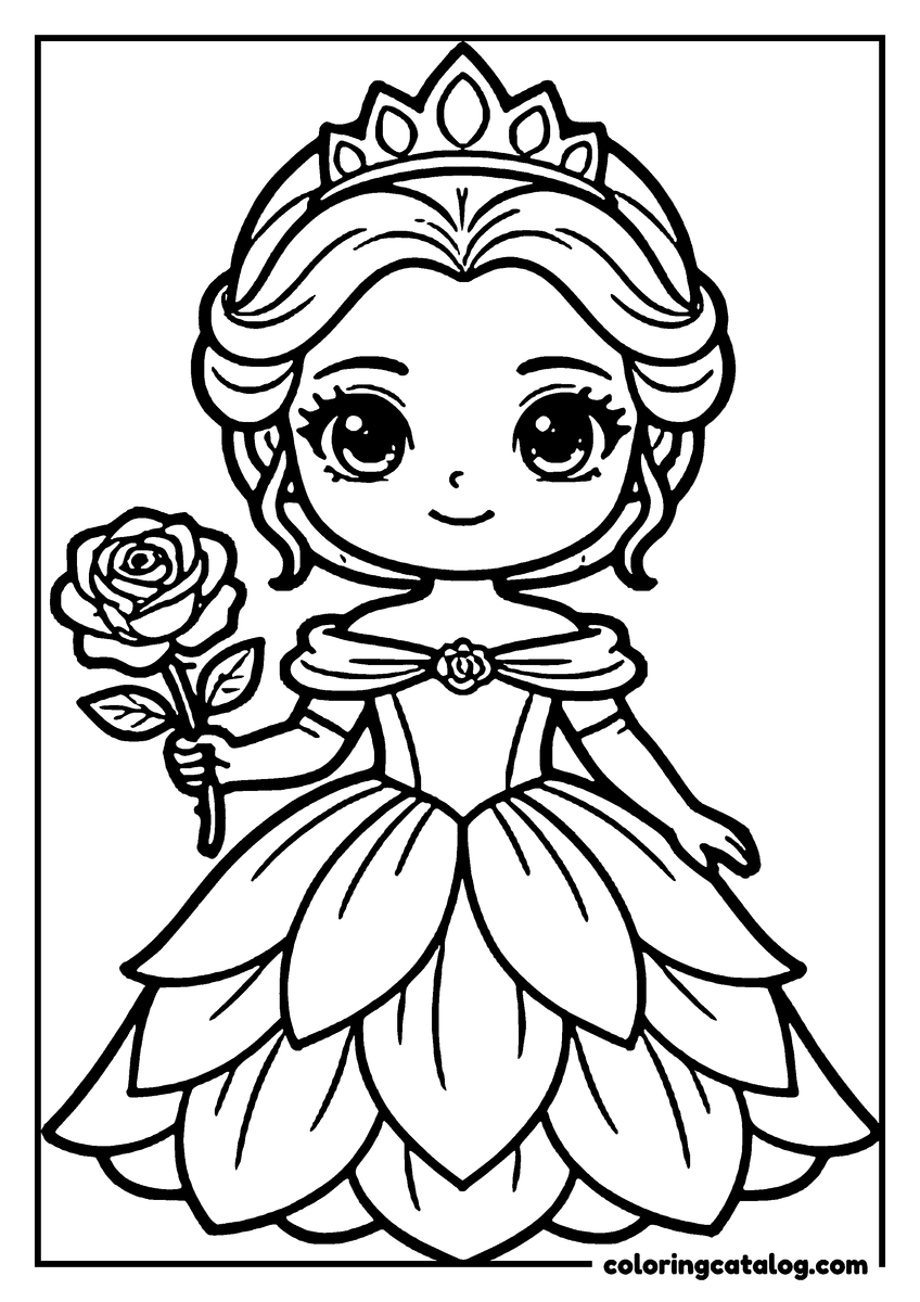 Printable coloring page: A princess holds a rose, wearing a tiara and a flowing gown