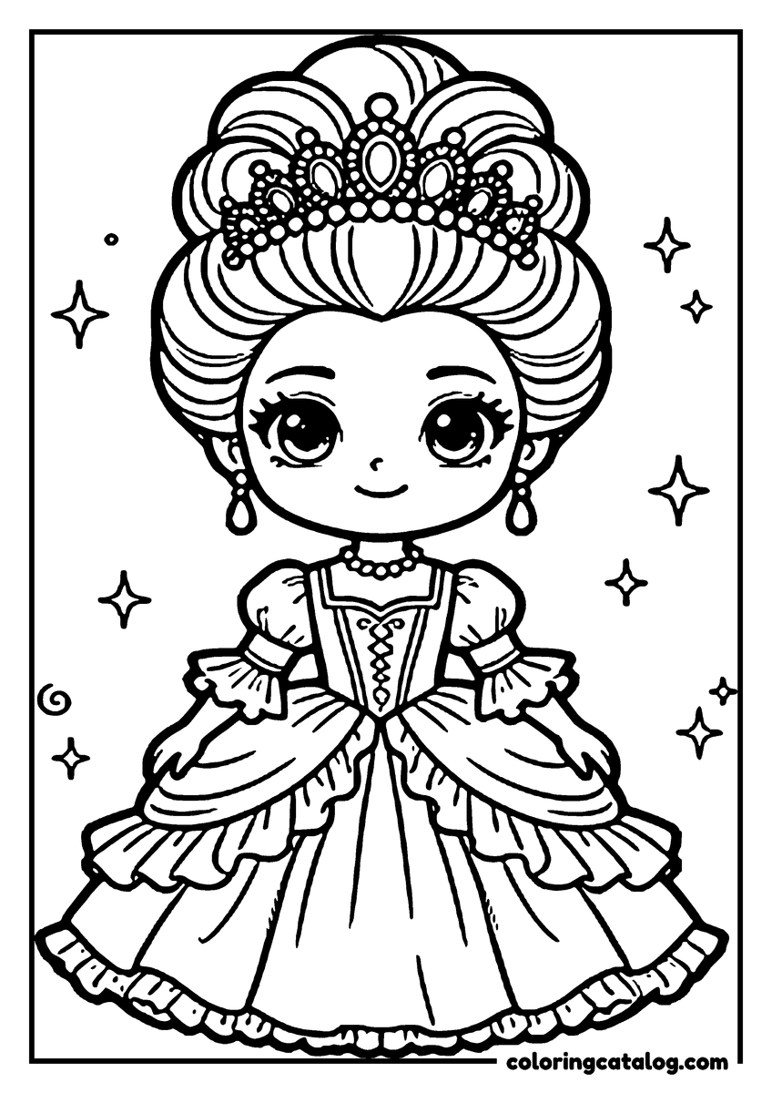 Coloring page: A princess in a fancy gown and tiara smiles, surrounded by stars