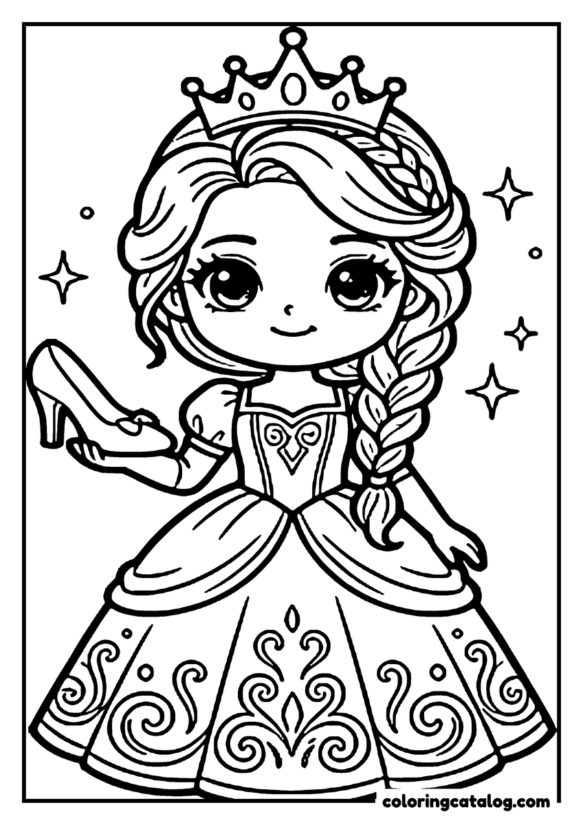 Printable coloring page: A princess in a fancy gown holds a high-heeled shoe, surrounded by stars