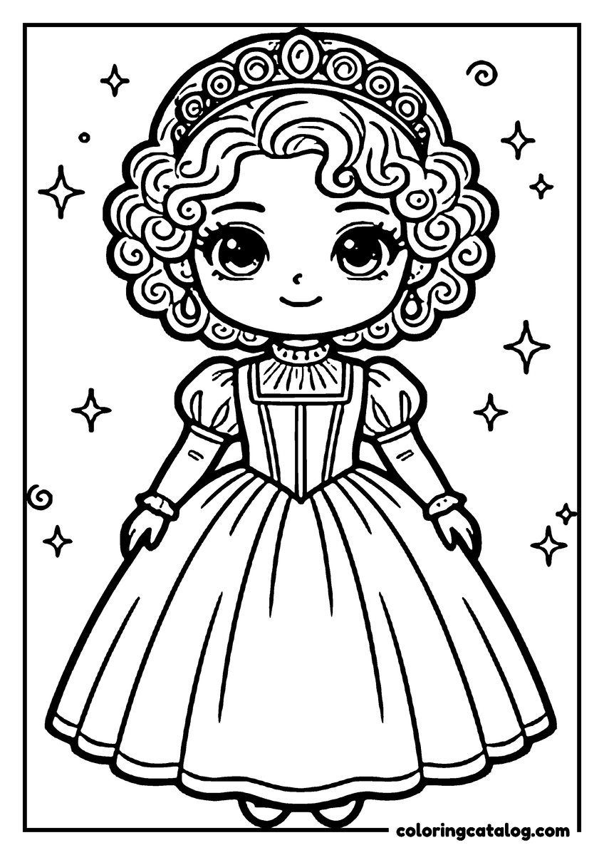 Coloring page: A princess in a fancy gown stands with a tiara, surrounded by stars