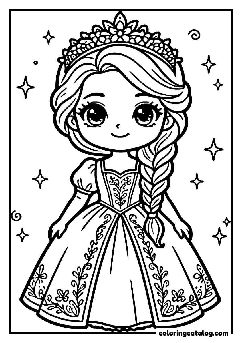 Printable coloring page: A princess in a fancy gown stands with stars and swirls around her