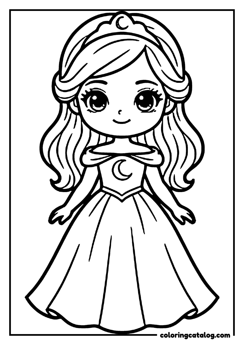 Coloring page: A princess in a flowing gown stands with her hands by her sides, wearing a tiara and a crescent moon on her chest