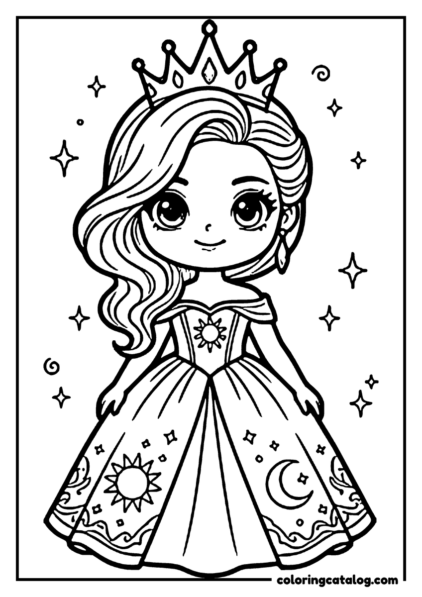Coloring page: A princess in a flowing gown with sun and moon symbols, wearing a crown, surrounded by stars and swirls