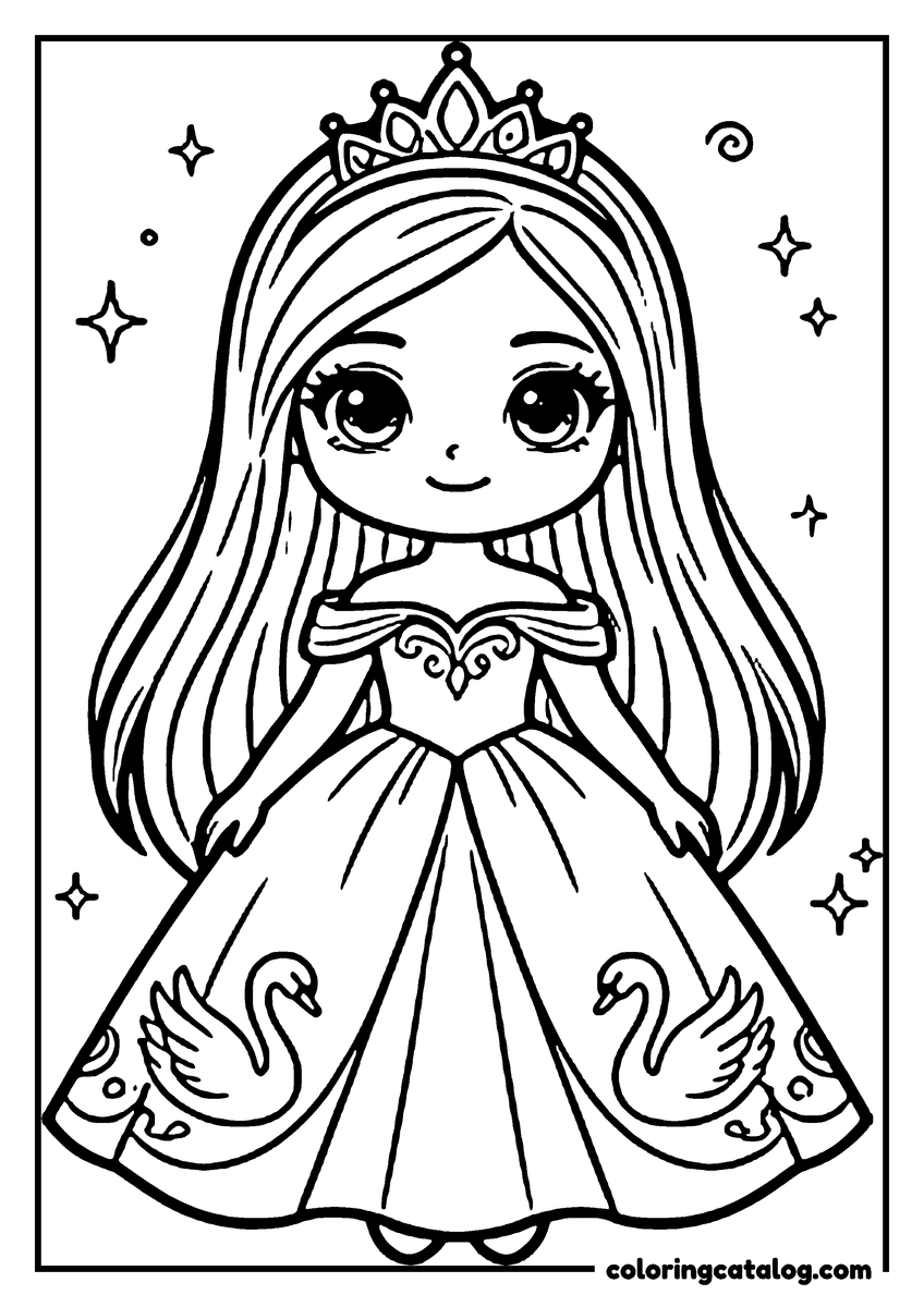 Coloring page: A princess in a long gown patterned with swans, wearing a tiara, stars scattered around her