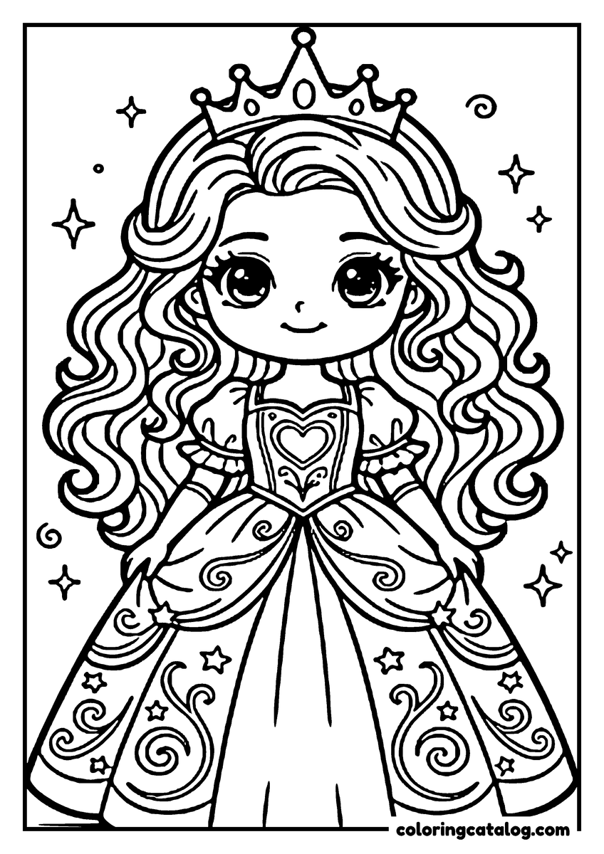 Coloring page: A princess in a regal gown and crown smiles, surrounded by stars and swirls