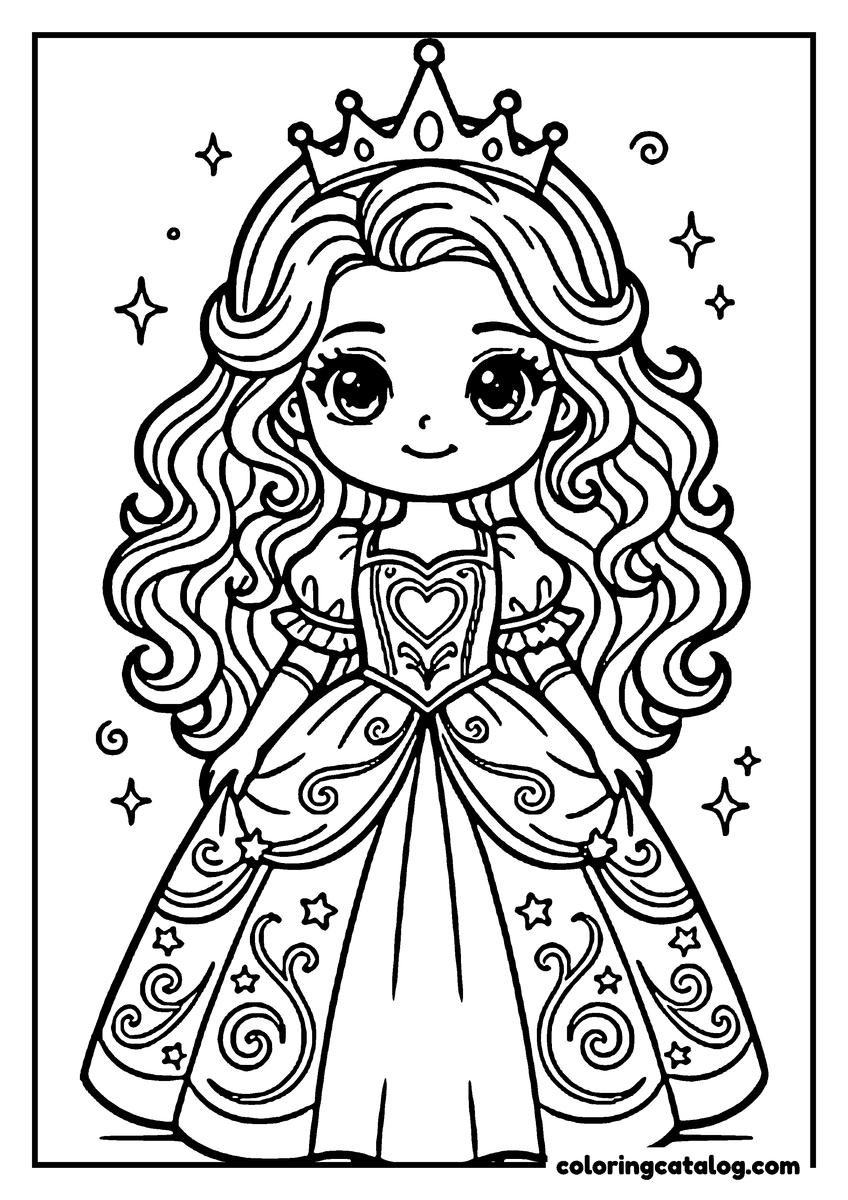 Coloring page: A princess in a regal gown and crown stands, surrounded by stars and swirls