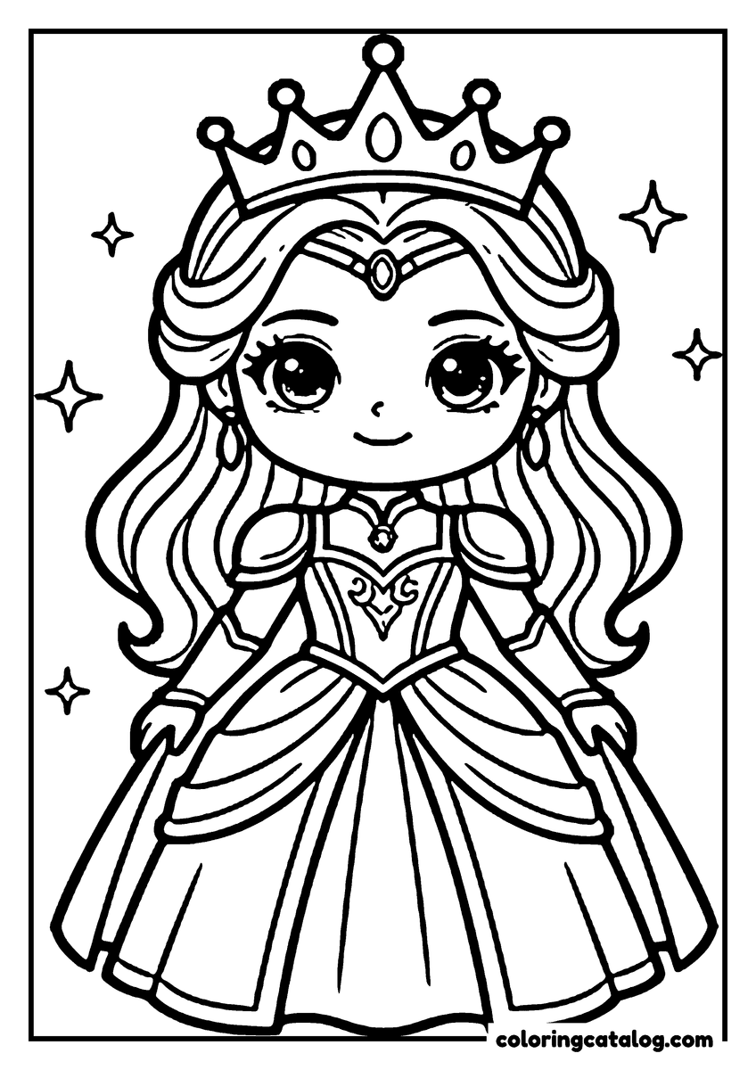 Printable coloring page: A princess in a royal gown and crown stands confidently, surrounded by sparkles
