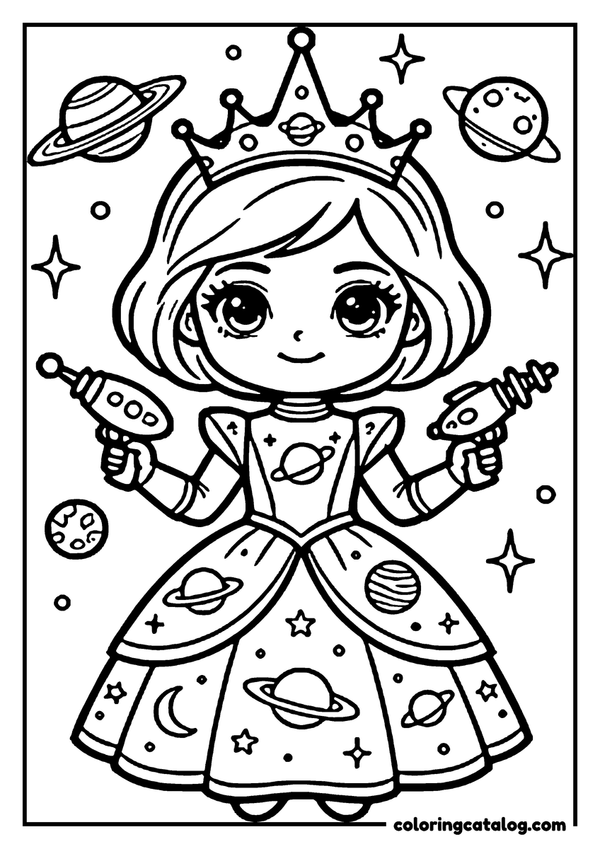 Free printable coloring sheet: A princess in a space-themed dress holds two space guns, surrounded by planets and stars