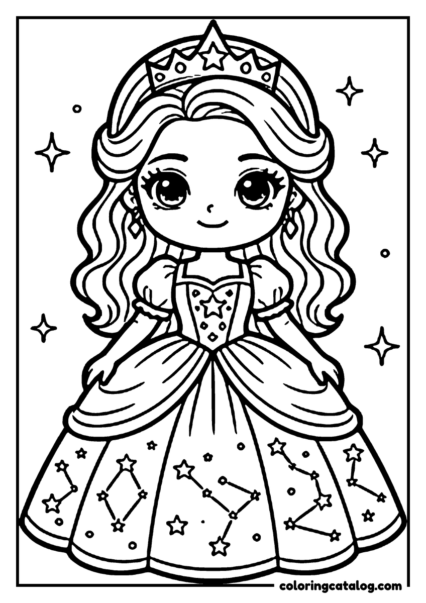 Printable coloring page: A princess in a starry gown, wearing a crown, smiles brightly, surrounded by sparkles