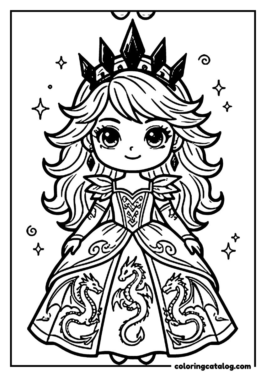 Free printable coloring sheet: A princess with dragon designs on her dress, wearing a crown, and surrounded by stars and swirls