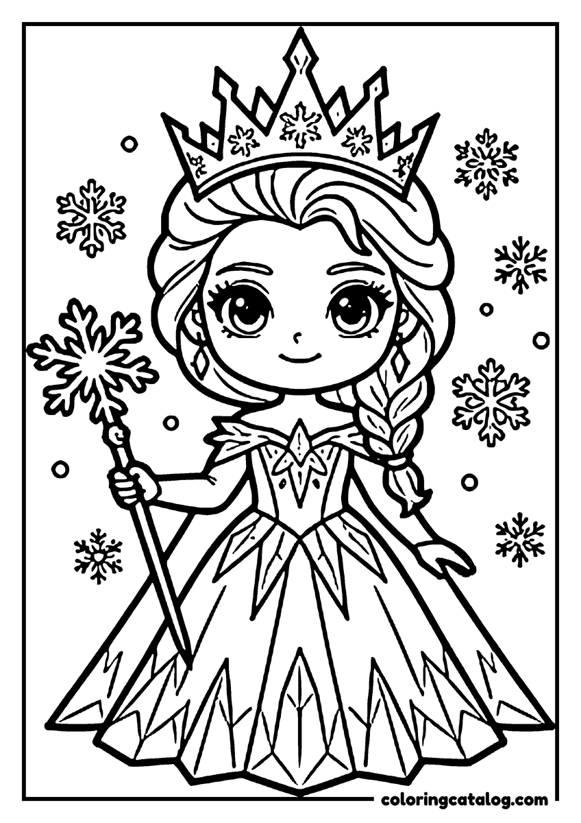Printable coloring page: A snow princess in a crystal gown holding a snowflake wand, with snowflakes drifting around her crown