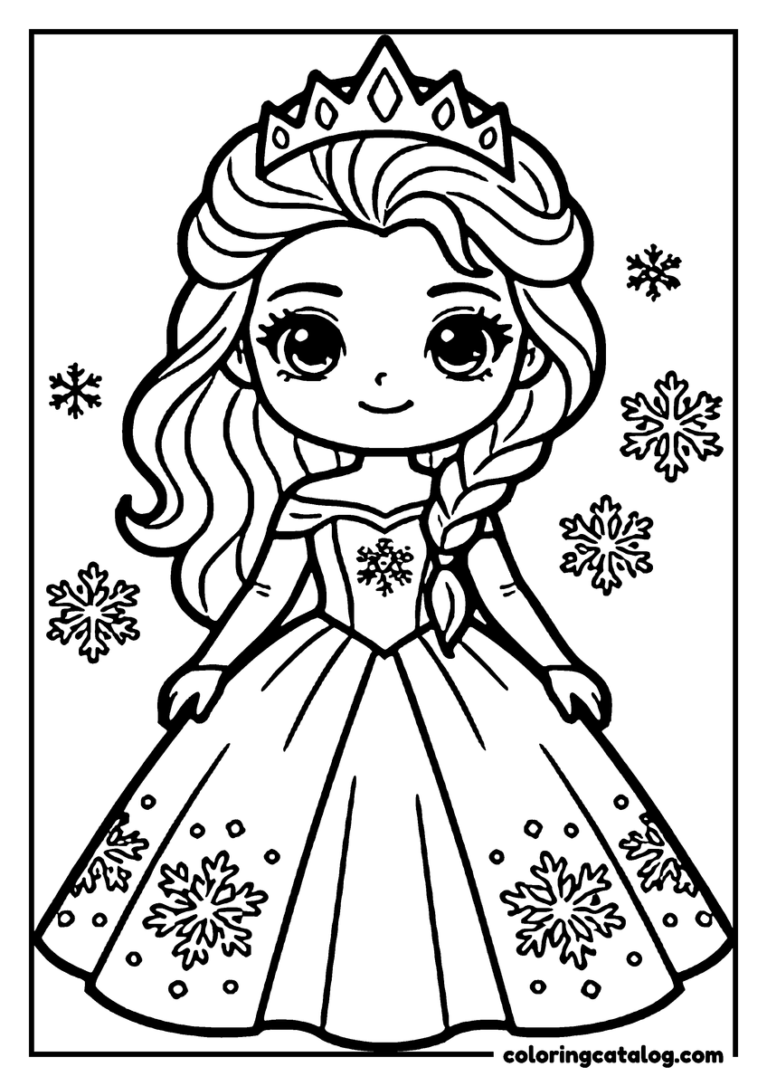 Printable coloring page: A young princess with long hair and a tiara stands in a snowy setting, surrounded by snowflakes