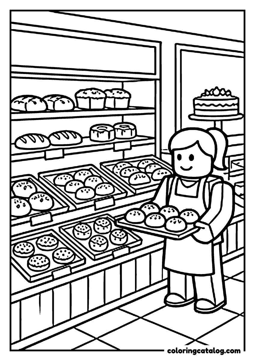 Printable Roblox coloring page: A blocky baker carries a tray of buns past shelves of loaves, cakes and pastries